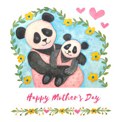 Happy mother's day. Cute watercolor illustration of panda.