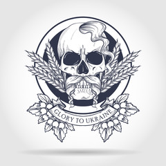 Hand drawn sketch, skull with Ukrainian national flag, mustaches, spikes of wheat, branches of viburnum, oseledets hairstyle. Poster, flyer design