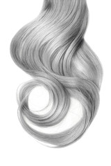 Long wavy gray hair isolated on white background. Ponytail
