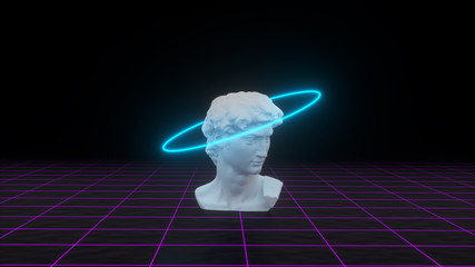 Abstract David's bust with neon gloving light on grid background. Banner design. Retrowave, synthwave, vaporwave illustration. Party and sales concept. 3d render