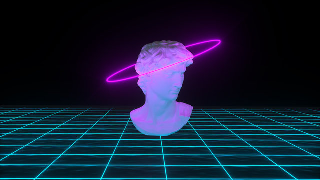 Abstract David's bust with neon gloving light on grid background. Banner design. Retrowave, synthwave, vaporwave illustration. Party and sales concept. 3d render