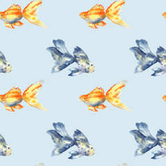 Seamless pattern with blue fish with big fin and goldfish on blue. Hand drawn watercolor illustration. Texture for print, fabric, textile, wallpaper.