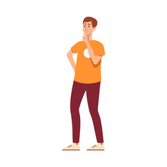 Obraz premium Young guy or man thinks and finds a solution flat vector illustration isolated.