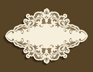 Vintage frame with cutout border pattern. Swirly flourish vignette. Elegant label with floral ornament. Vector decoration for wedding invitation card design with place for text.