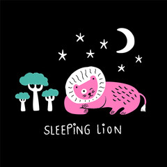 Sleeping lion under the moonlight, on black background