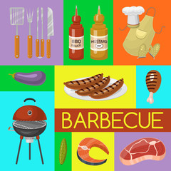 Barbeque picnic party banner meat steak roasted on round hot barbecue grill vector illustration. Bbq in park, banner design template. Grilled food menu poster. Homemade recipe card cookbook cover.