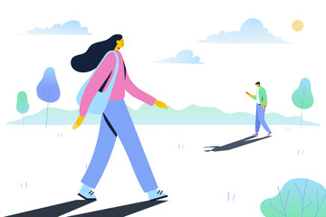 People walking and have a rest outdoor in park. Park background. PrettyGirl with bag in casual clothes and guy texting on phone. Flat vector illustration.