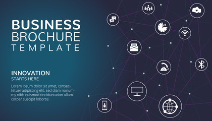 Business brochure template design with icons and text on blue background.