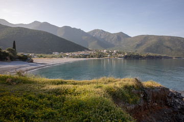 Amazing landscape of the beach in the Kiparissi Lakonia village, Peloponnese, Zorakas Bay, Greece in the April evening, 2019.