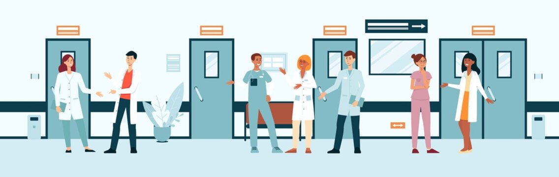 Group of doctors and nurses in hospital corridor cartoon or flat style