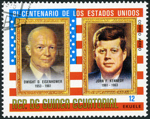 EQUATORIAL GUINEA - 1975: shows Presidents John Fitzgerald Kennedy (1917-1963) and Dwight D....