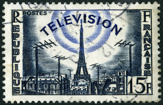 FRANCE - 1955: shows Eiffel Tower and Television Antennas, French advancement in television