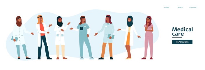Website template with arabian medical team cartoon style