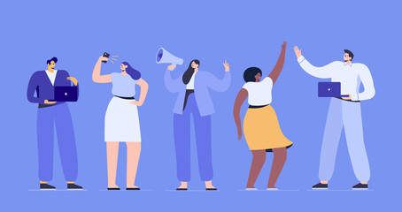 Group of male and female cartoon characters having fun. Happy friends. Flat colorful vector illustration in modern flat style.