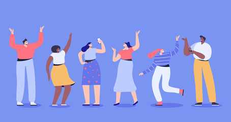 Obraz premium Group of male and female cartoon characters having fun. Happy friends. Flat colorful vector illustration in modern flat style.