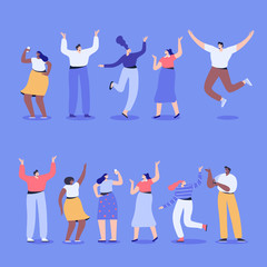 Group of male and female cartoon characters having fun. Happy friends. Flat colorful vector illustration in modern flat style.