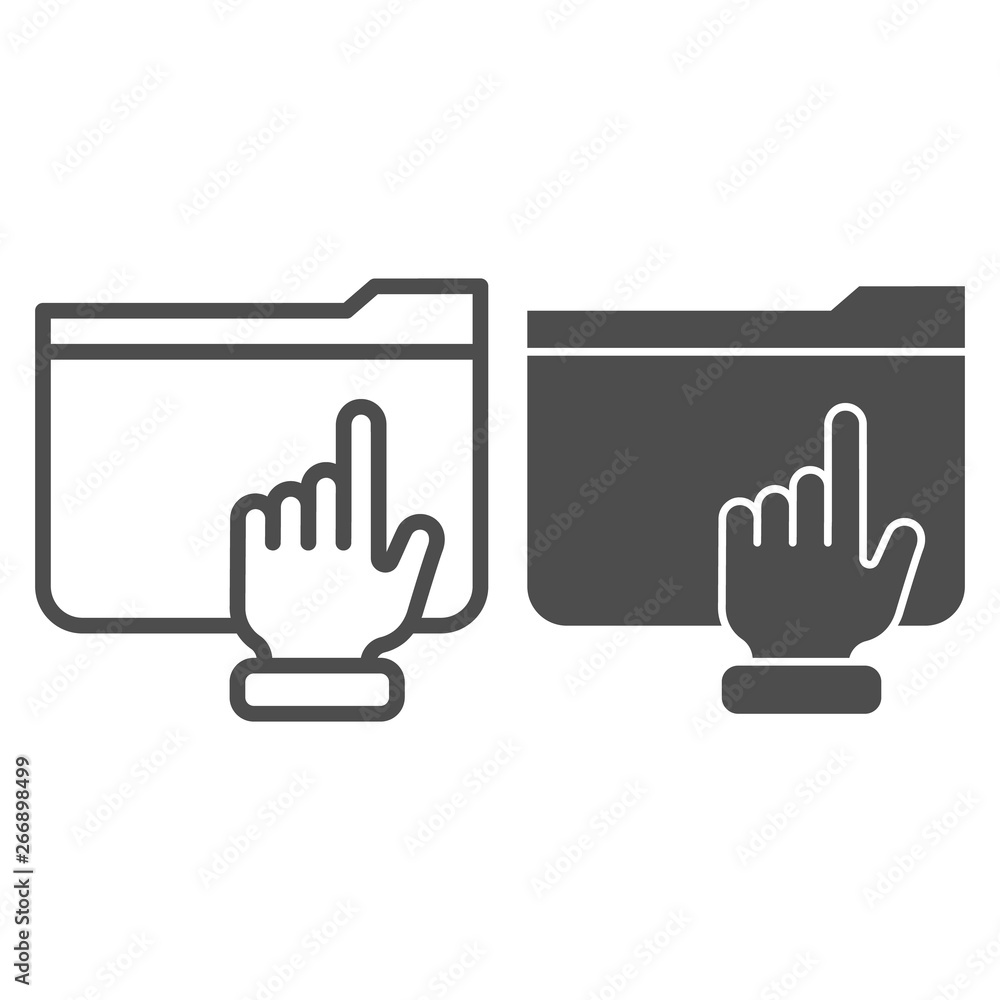 Poster folder with arm line and glyph icon. hand on folder vector illustration isolated on white. computer 