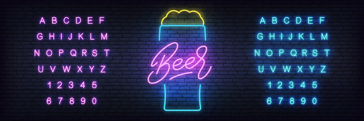 Beer neon template. Glowing lettering beer sign for bar, pub, restaurant, club.