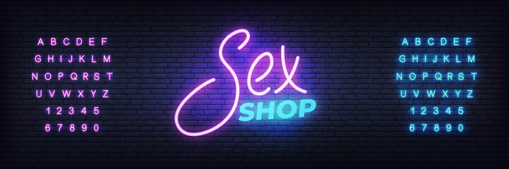 Sex shop neon template. Glowing night bright lettering vector sign for adult sex shop advertisement.