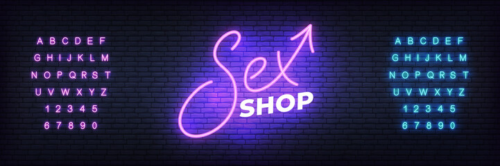 Sex shop neon. Glowing night bright lettering vector sign for adult sex shop advertisement. - obrazy, fototapety, plakaty