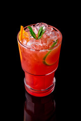 Alcoholic or non-alcoholic grapefruit, citrus, berry cocktail with liqueur, vodka, champagne or martini. Cool drink. Easy Bartenders Recipes and Ideas isolated on black background. Cocktail card