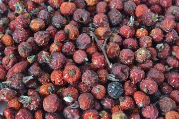 Dried wild rosehips (Rosa canina). Medicinal dogrose berries to boost immunity,background