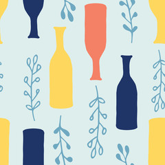 Cartoon vases, ferns seamless  pattern in pale turquoise with vibrant yellow, navy blue and coral. Great for gift wrapping paper, textiles and home decor. Spring and summer, fresh and natural.