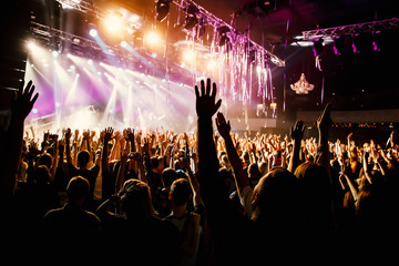 A man with his hands up at a concert of his favorite group.