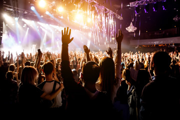 A man with his hands up at a concert of his favorite group.