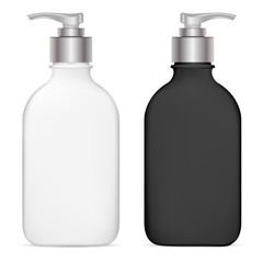 Pump Dispenser. Plastic Cosmetic Bottle. Isolated Black and White Mockup for Shampoo, Gel, Spray, Body Lotion, Shampoo. 3d Realistic Container Template. Clear Medical Packaging Mockup Set.