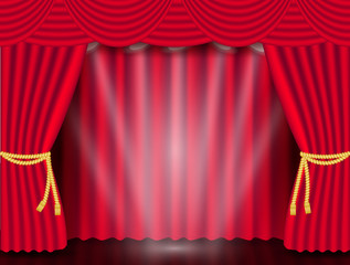 Red theater opening curtain with the Stage, spotlight. Vector illustration.