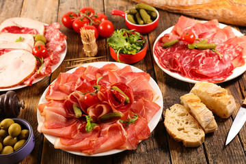 assorted of delicatessen with salami, sausage, bacon and ham
