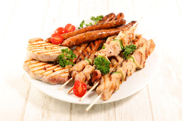grilled meat, sausage, skewer and pork chop