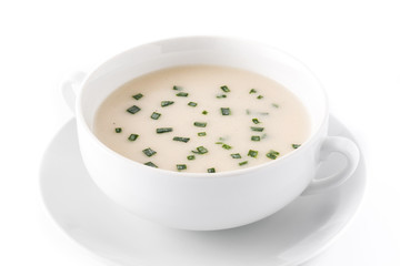 French vichyssoise soup in bowl isolated on white background