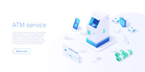 ATM machine concept in isometric vector illustration. Cash machine withdrawal or online money transfer. Internet banking smartphone pay. Website banner or webpage layout template.