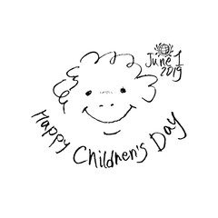 Happy Children's Day. Doodle holiday illustration to the International Children's Day. Children Art style drawing with pencils sketch. Vector logo with funny baby face. June 1, 2019.
