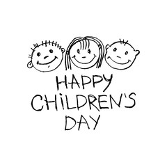 Happy Children's Day. Doodle holiday illustration to the International Children's Day. Children Art style drawing with pencils sketch. Vector logo with three funny baby faces.