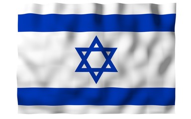 The flag of Israel. State symbol of the State of Israel. A blue Star of David between two horizontal blue stripes on a white field. 3d illustration