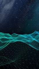 Abstract landscape on a dark background. Cyberspace grid. hi tech network. Outer space. Vertical orientation. Starry outer space texture. 3D illustration