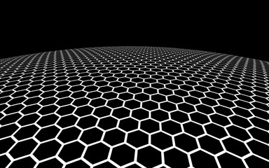 Dark honeycomb on dark background. Perspective view on polygon look like honeycomb. Ball, planet, covered with a network, honeycombs, cells. 3D illustration