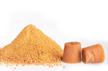 Panela or sugar cane candy - Saccharum officinarum. White background