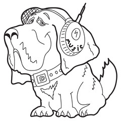 Cartoon doodle illustration of dog in headphones listening to music for coloring book, t-shirt print design, greeting card