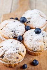 Four homemade fresh muffins with sugar powder and blueberries on cutting board on rustic wooden table.