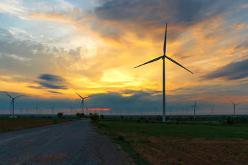 Wind turbines used to generate electricity Summer atmosphere Sunrise.