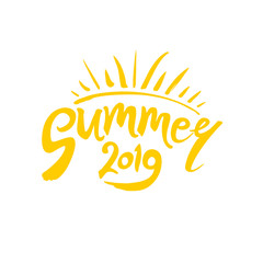 Summer 2019. Hand drawn yellow inscription and sun. Vector design logo template.