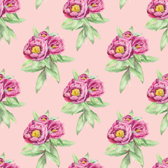 Bouquet of peonies. Watercolor flower seamless pattern. Floral background for wallpaper, gift wrap,  textile,  pattern fills, covers, surface, scrapbooking, decoupageprint.