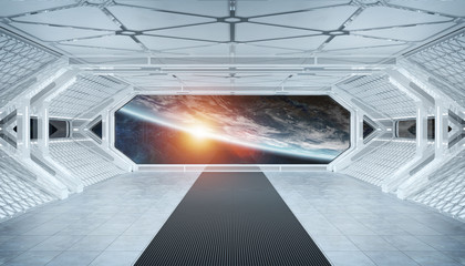 White blue spaceship futuristic interior with window view on planet Earth 3d rendering © sdecoret