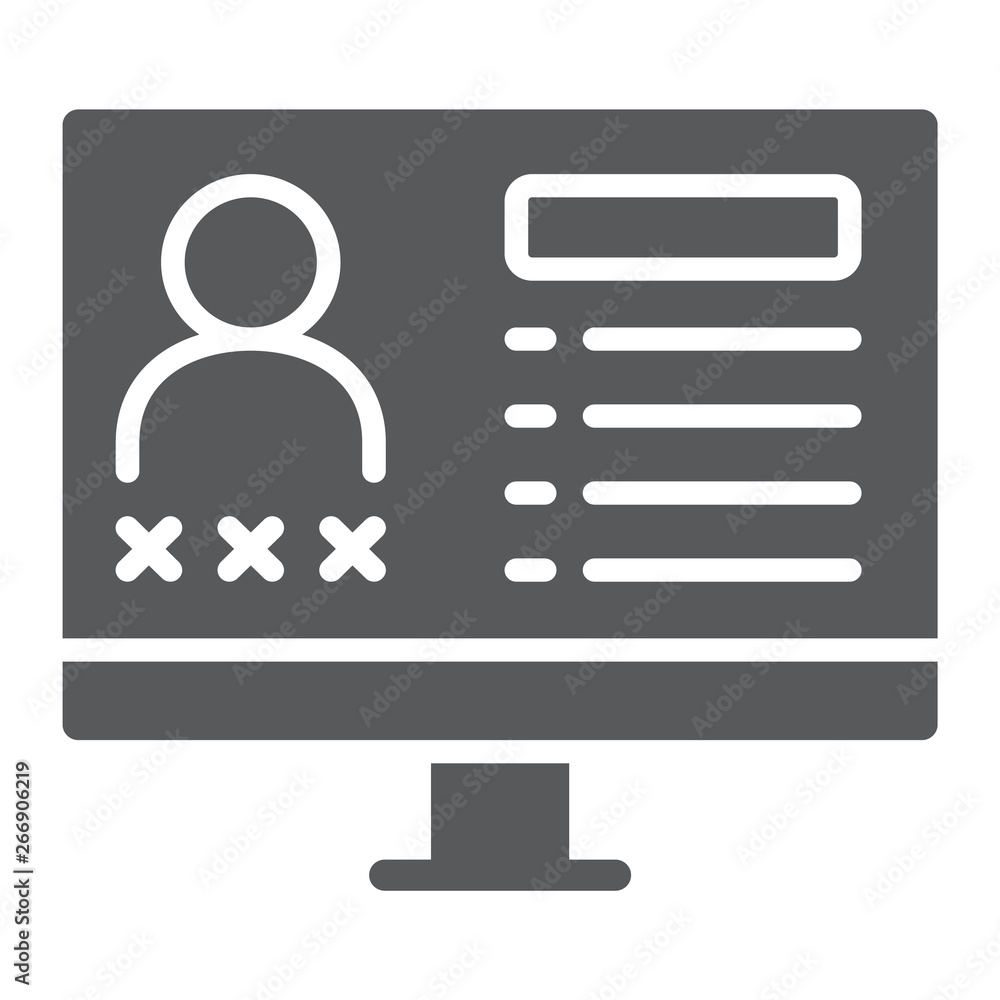 Poster criminal database glyph icon, data and crime, monitor sign, vector graphics, a solid pattern on a wh