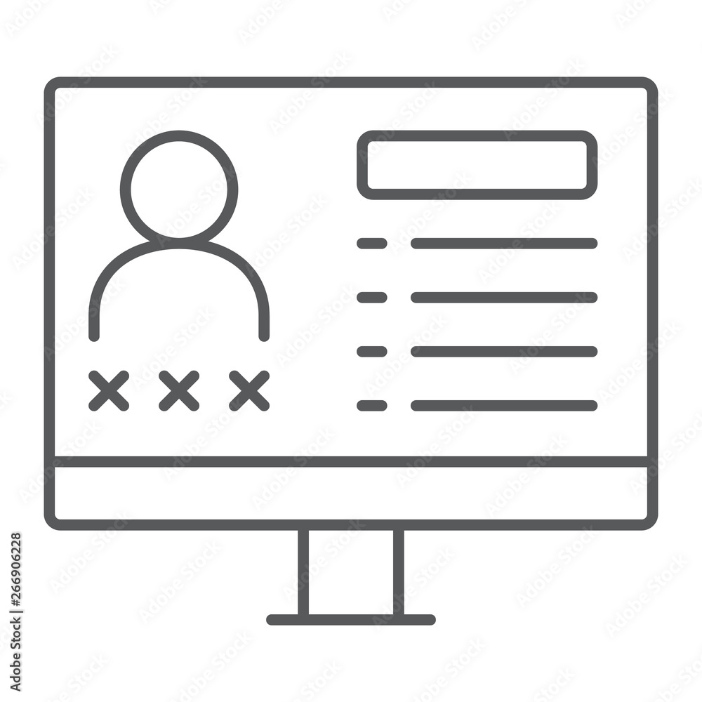 Poster criminal database thin line icon, data and crime, monitor sign, vector graphics, a linear pattern on