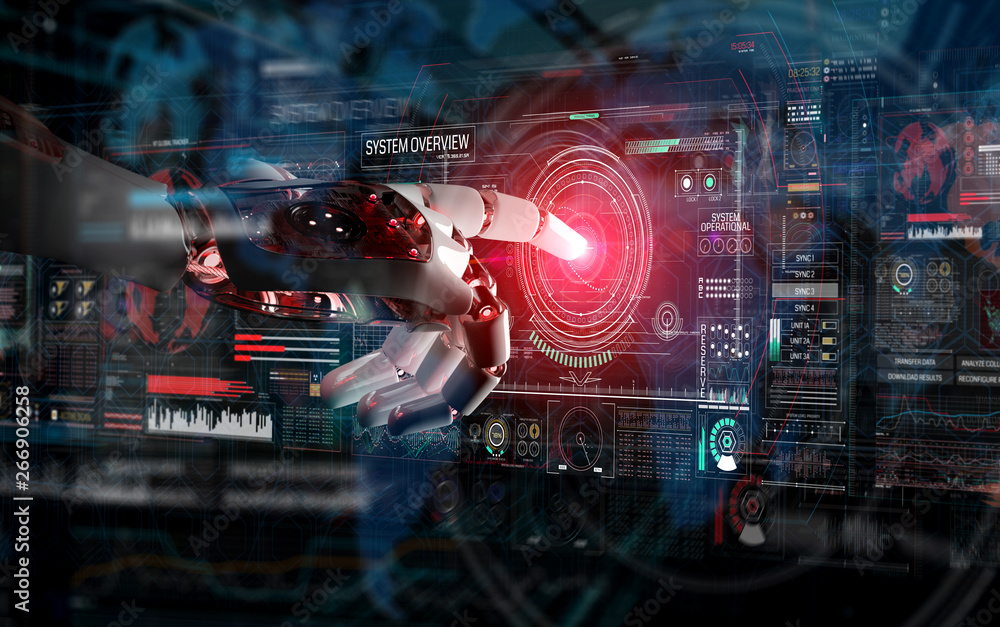 Poster red robot hacking a system with digital screens 3d rendering